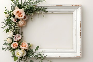 Wedding invitation or bridal shower invitation, white wooden frame decorated with flowers, blank space for a text
