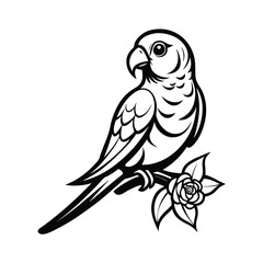 Elegant line art illustration of a rose ringed parakeet in profile with detailed feathering and a graceful posture
