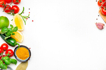 Asian cooking food background with spices, herbs, turmeric, dried herbs, chili powder and kitchen...