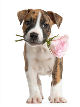 cute dog puppy on white background hold a red rose in his mouth - concept love