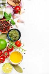 Healthy food background with spices, herbs, turmeric, dried herbs, chili powder and kitchen...