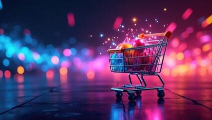 Miniature shopping cart filled with colorful produce in a vibrant, neon-lit scene.