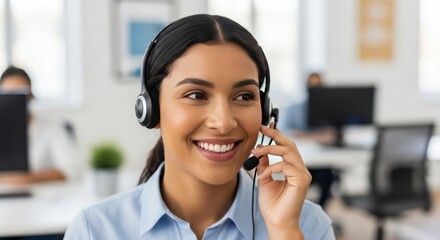 Friendly Female Customer Service Representative with Headset Smiling in Office