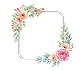 Watercolor Floral Square Frame with Peach and Pink Flowers, Green Leaves, Elegant Design, Transparent Background