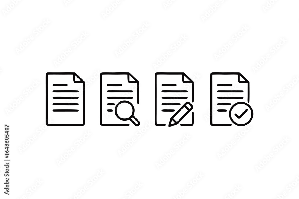 Poster document management workflow illustrative icons of different actions on a page in outline style on w