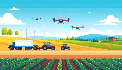 Farm automation depicted with drones flying over crops, a tractor pulling a trailer, and other agricultural machinery working in rural fields under a sunny sky.