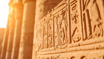 Intricate hieroglyphic carvings adorn the ancient stone walls of an Egyptian temple illuminated by the warm glow of the setting sun, showing rich history.