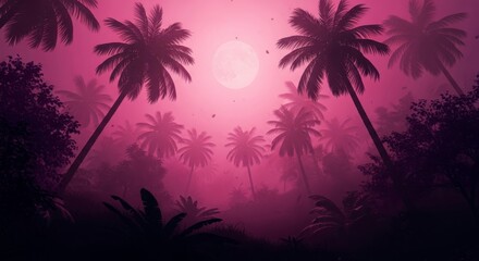 Pink Palms Landscape, 4K Wallpaper. Silhouettes of Tropical Trees in Foggy Ambiance. Serene, Dreamy Background with Lush Vegetation and soft light, Nature.
