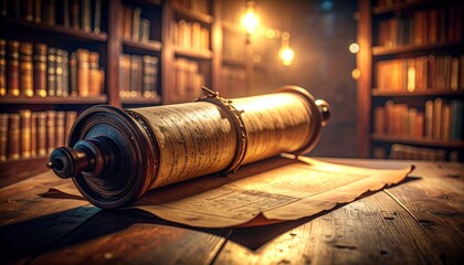 Ancient scroll rests upon an aged wooden table within a grand library filled with bookshelves illuminated by warm, inviting light and untold historical knowledge.