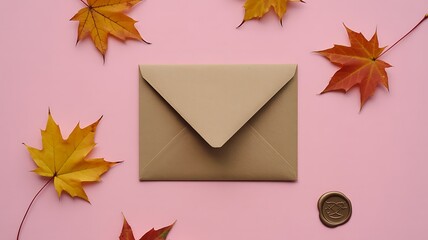 Autumnal Beige Envelope with Wax Seal and Leaves
