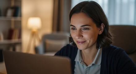 Smiling Woman Working on Laptop Computer at Home, Remote Work Concept