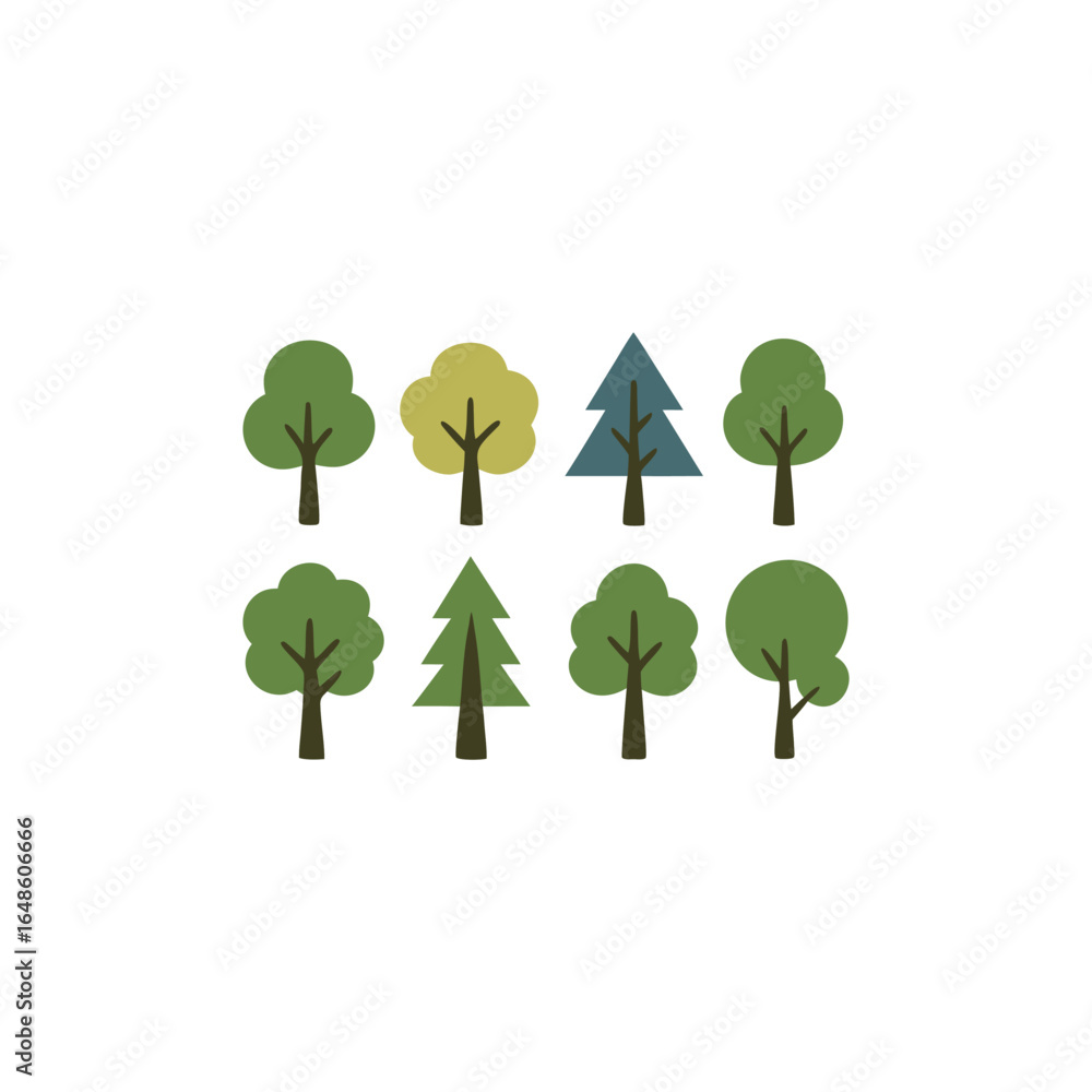 Poster stylized tree illustrations featuring various types of trees and color variations ideal for nature t