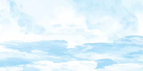 Blue vector watercolor art background with white clouds and blue sky. Hand drawn vector texture. Heaven. Watercolour banner. Abstract template for flyers, cards, poster, cover or design interior.