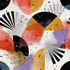 Bauhaus fan shape pattern with terrazzo textures and watercolor blending
