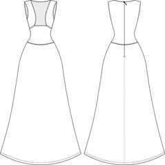 sleeveless square neck lowcut cutout a line zippered long maxi evening dress gown template technical drawing flat sketch cad mockup fashion woman design style model 
