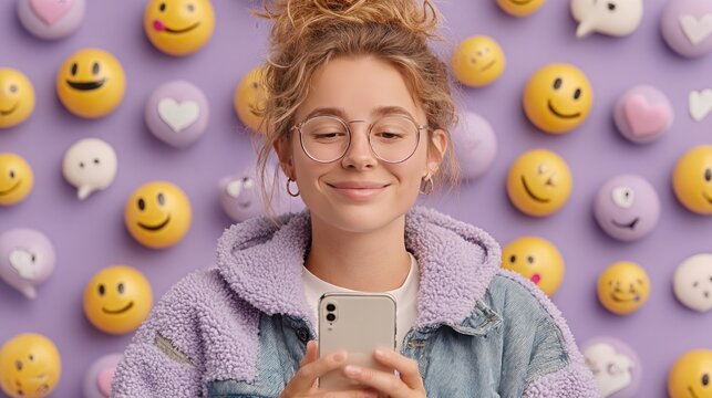 Woman using smartphone interacting with floating emojis and messages, symbolizing social media engagement and digital communication