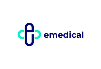 Logo letter E with symbol medical plus, Creative template for hospital and healthcare.