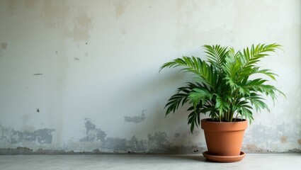 A potted palm plant in front of a textured wall.