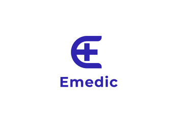 Logo letter E with symbol medical plus, Creative template for hospital and healthcare.