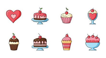 Collection of Cute Cartoon Dessert Icons with Cherries and Pink Frosting