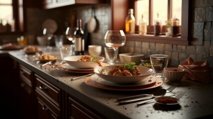 Messy Kitchen Table with Multiple Bowls