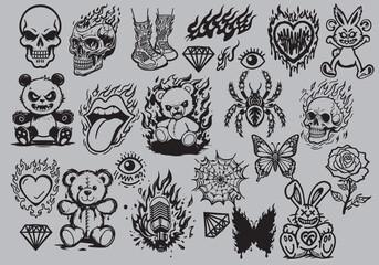 Y2K aesthetic vector elements set featuring panda, teddy bear, spider, skull, heart, butterfly, and rabbit. Perfect for stickers, apparel prints, posters, and trendy graphic design projects.