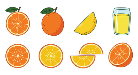 Orange fruit slices and juice illustration for healthy lifestyle and nutrition