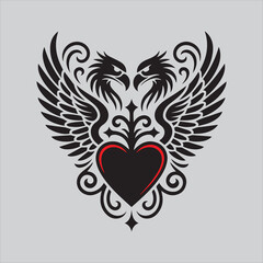 Tribal Winged Heart Tattoo Design,Gothic Heart with Wings Vector Art,Vintage Winged Heart Ornament Design,Sacred Heart with Wings Tattoo Style,Black and White Tribal Heart Illustration