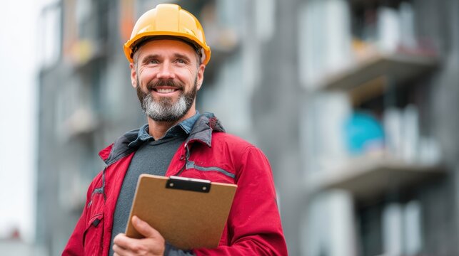 Confident construction worker with safety helmet and clipboard, smiling at a building site during the day. - Powered by Adobe