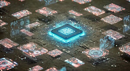 Futuristic AI Core with Floating Holographic Design Files