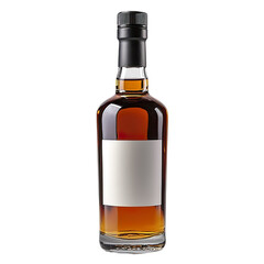 Front view of a wrapped-labeled liqueur bottle with a white blank label, studio shot, isolated on a white transparent background