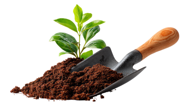 Gardening Tool and Seedling: Close-up shot of a gardening tool next to a seedling, a metaphor for nurturing growth and cultivation in an isolated scene.