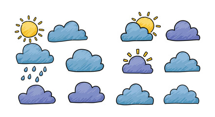 Weather Icons with Clouds and Sun in Hand Drawn Style Illustration