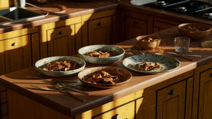 Messy Kitchen Table with Multiple Bowls