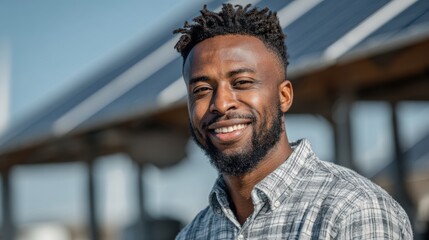 Obraz premium Confident man smiling in a solar farm, representing renewable energy and sustainable living.