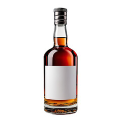 Front view of a tall, elegant liqueur bottle with a white blank label, studio shot, isolated on a white transparent background