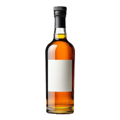 Front view of a tall, thin liqueur bottle with a white blank label, studio shot, isolated on a white transparent background