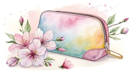 Watercolor illustration of a pastel makeup bag with cherry blossoms and a butterfly