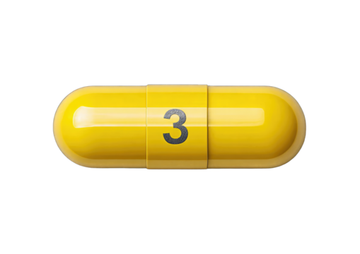 A close-up shot of a single, bright yellow capsule with the number three prominently displayed in dark gray on its surface.  The capsule is glossy and appears to be made of hard shell material