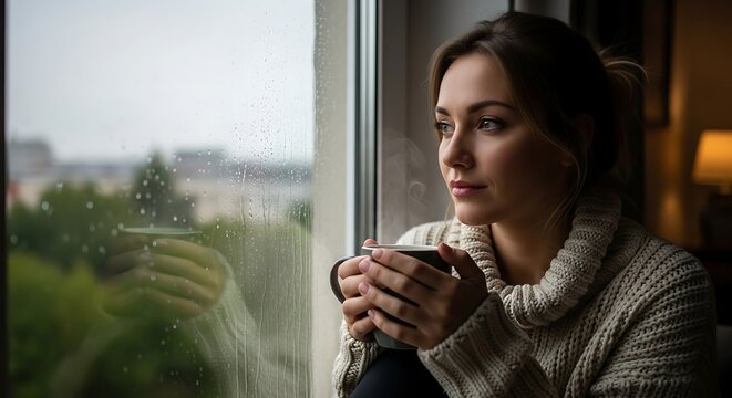 Woman contemplates rainy cityscape, holding warm mug, pensive expression. - Powered by Adobe