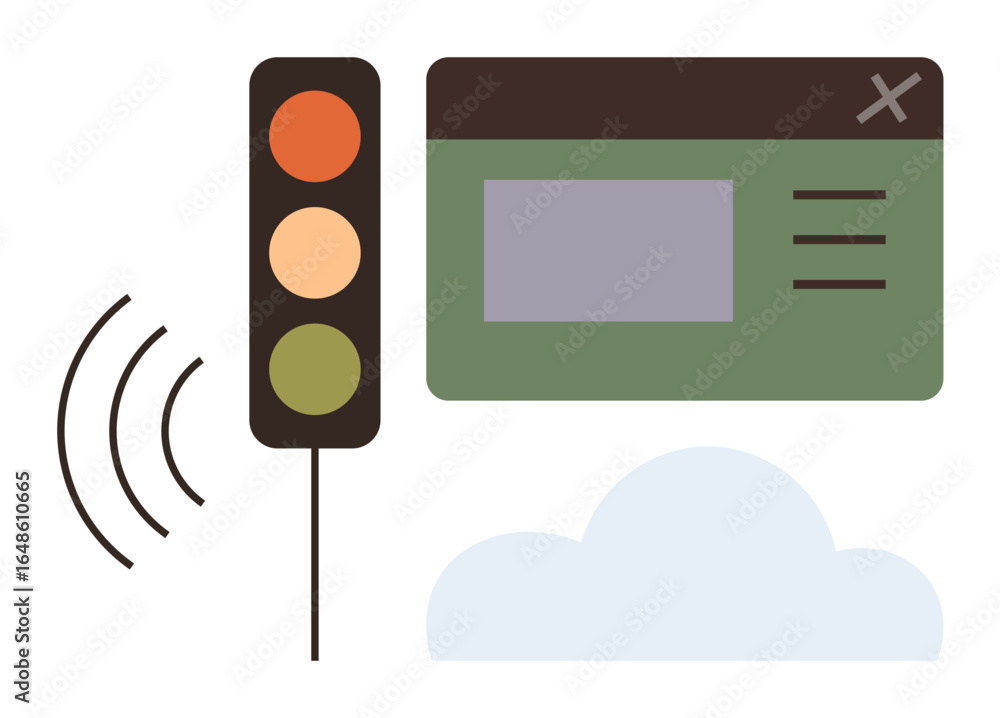 Poster traffic light with signal waves, digital display interface, and cloud icon. ideal for technology, io