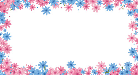 Floral Frame with Pink and Blue Watercolor Flowers on White Background