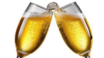 Cheers to Celebration: Two elegant glasses clink together, brimming with a sparkling, golden beverage, capturing the essence of conviviality and joy.