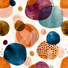 mid-century modern pattern with Memphis-style shapes and watercolor textures