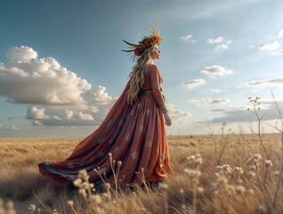 Boho-chic woman in flowing patterned dress with floral crown standing in wild grass field. Ideal for festival fashion, ethereal weddings, and dreamy lifestyle content
