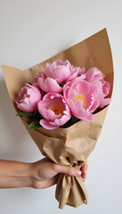 Hand holding bouquet of pink peonies wrapped in brown paper  