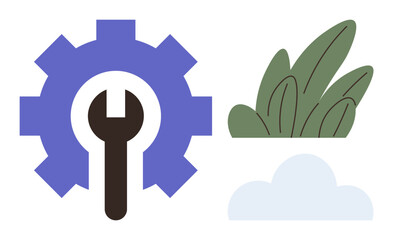 Gear with wrench symbolizing tools and technology, placed beside greenery and cloud shapes. Ideal for sustainability, eco-tech, innovation, engineering, nature conservation, repair, simple flat