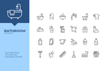 Bathroom items icons set. Likes bathtub, shower, sink, toilet, paper, soap, dispenser, toothbrush, etc. EPS vector. For project design.