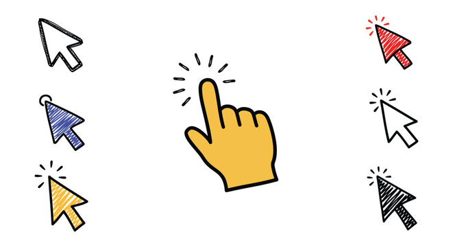 Hand Pointer and Arrow Cursor Set in Doodle Style for Web Design