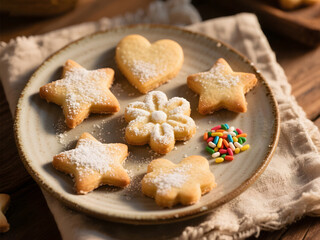 Assorted cookies in star, heart, and flower shapes dusted with powdered sugar, paired with colorful candy sprinkles on a ceramic plate for a homemade festive look